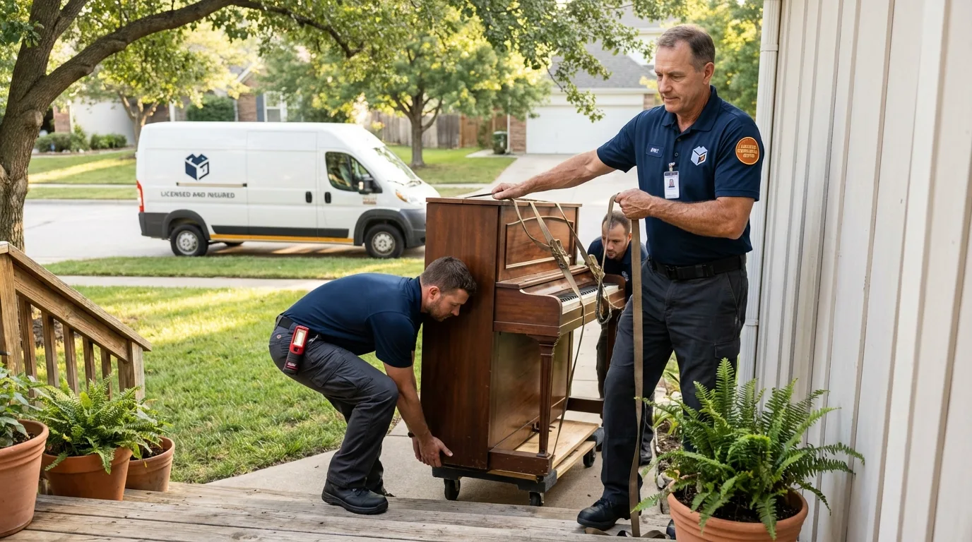 Licensed piano movers securing grand piano in Atascadero, CA