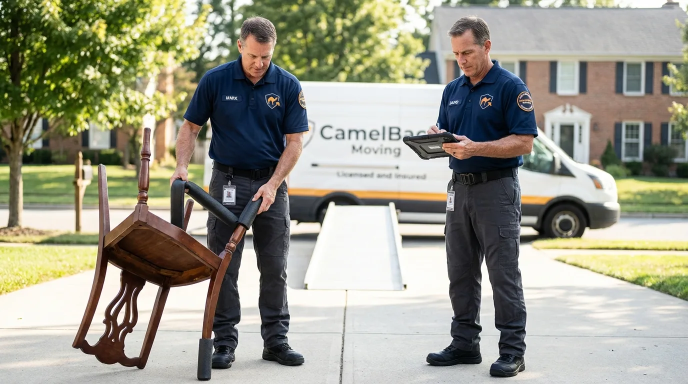 Movers inspecting furniture for damage prevention before loading in Atascadero, CA
