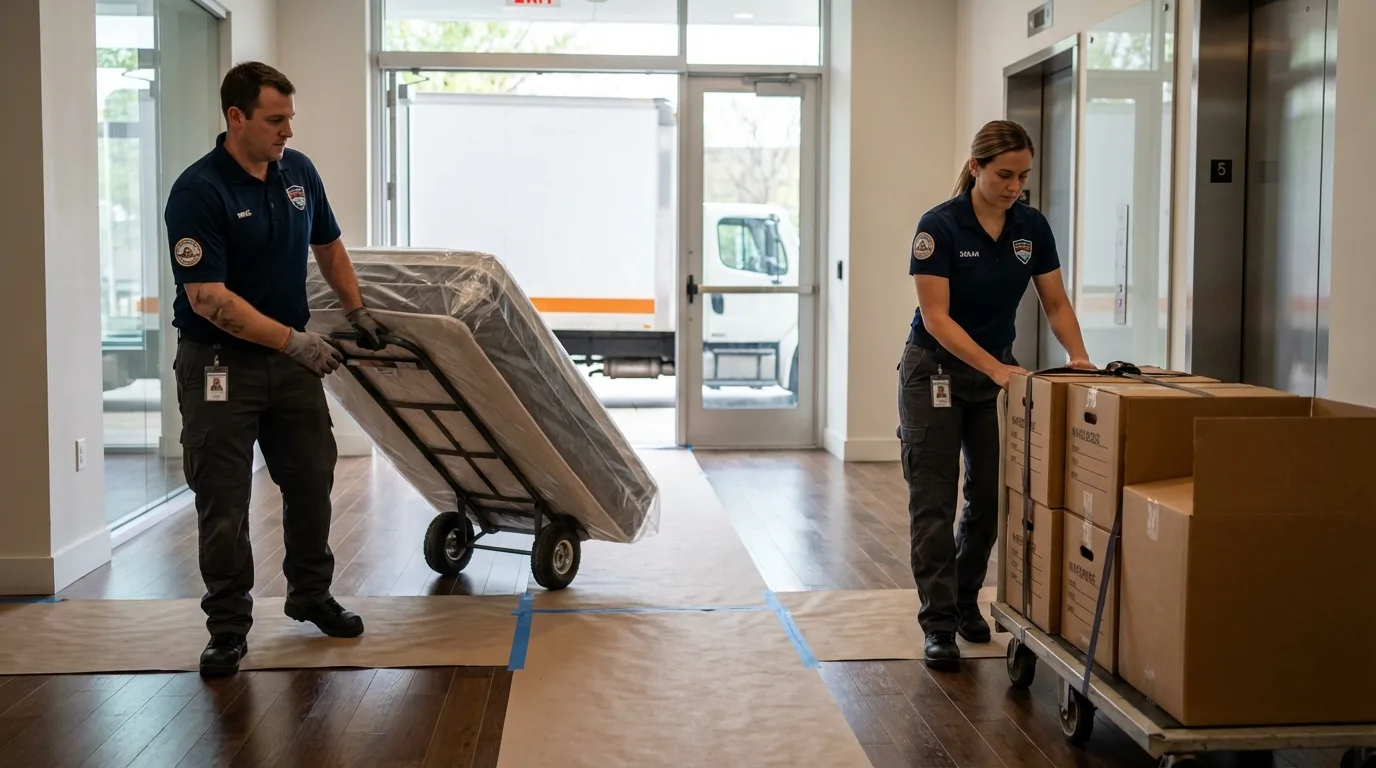 Professional apartment movers loading elevator in Atascadero, CA