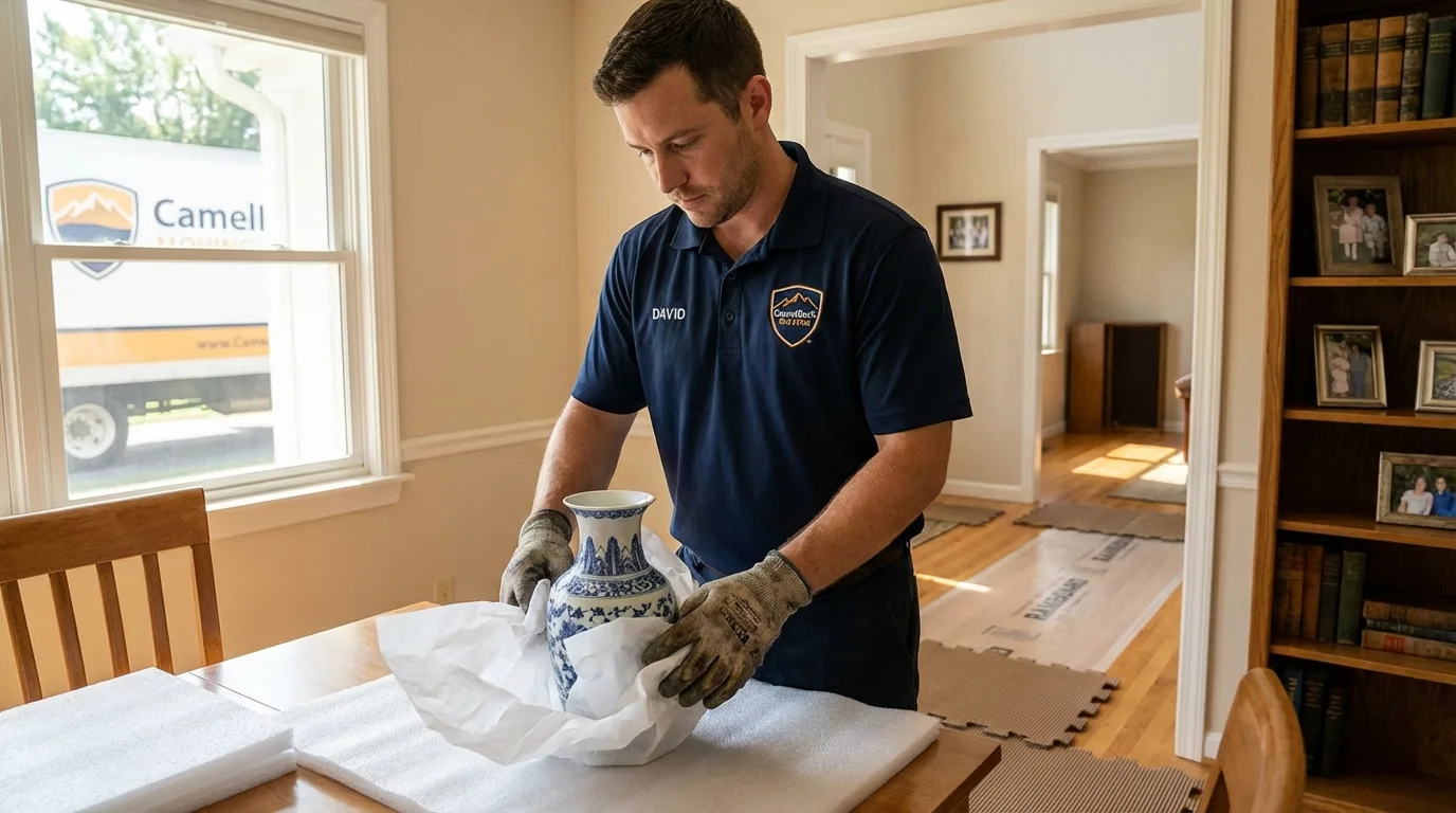 Professional crew carefully wrapping antique vase for senior downsizing move in Atascadero, CA